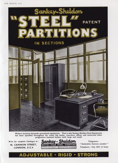 Publicité pour les cloisons en acier Sankey-Sheldon, 1937 - English School