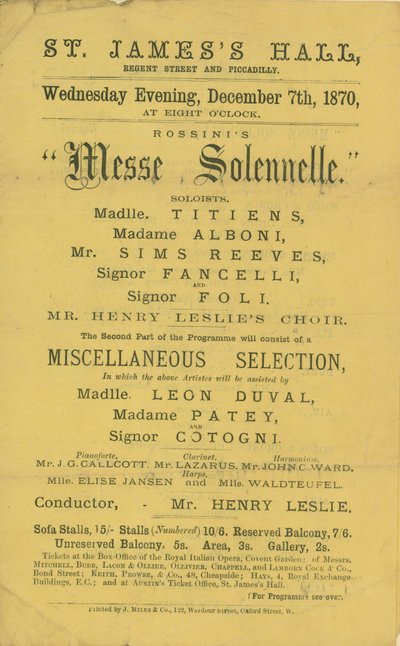 Publicité pour une production de la Messe Solennelle de Rossini - English School