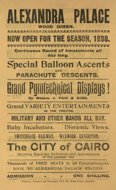 Publicité pour la saison 1898 au palais Alexandra - English School