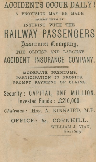 Publicité pour la Railway Passenger Assurance Company - English School