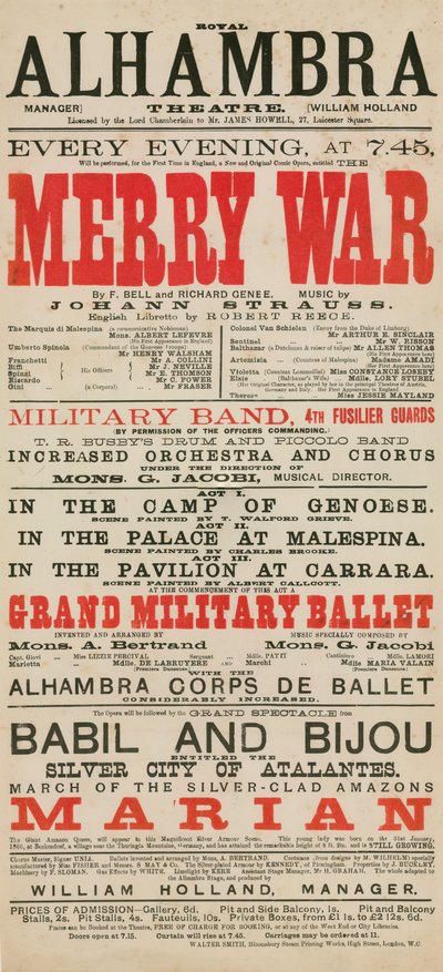Publicité pour le Royal Alhambra Theatre, avec Merry War de F Bell et Richard Genee avec musique de Johann Strauss - English School