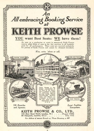 Publicité pour les services de réservation de billets de Keith Prowse & Co, Ltd - English School