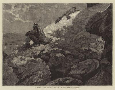 Parmi les brigands, IV, un poste de voleurs (gravure) - English School