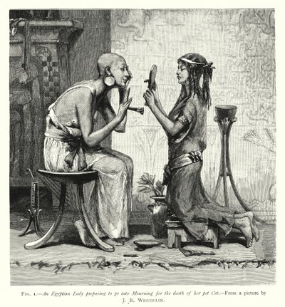 Une dame égyptienne se préparant à porter le deuil de son chat de compagnie (gravure) - English School