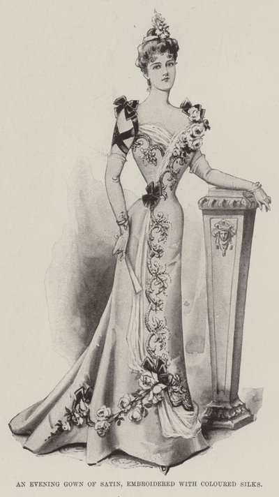 Une robe de soirée en satin, brodée de soies colorées - English School