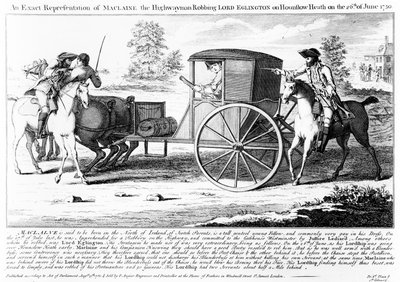 Représentation exacte de Maclaine le bandit de grand chemin volant Lord Eglington sur Hounslow Heath le 26 juin 1750, gravure de Charles Mosley, 1750 - English School