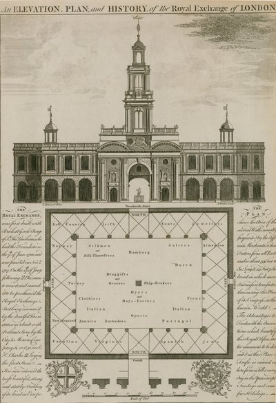 Élévation, plan et histoire du Royal Exchange, Londres - English School