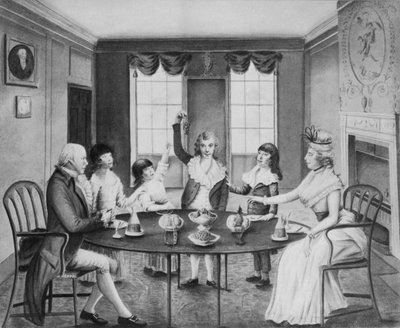 Un intérieur avec une dame et un gentleman assis à une table avec leurs quatre enfants debout derrière, vers 1780 - English School