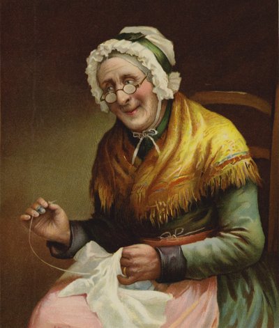 Une vieille femme cousant pour les pauvres - English School