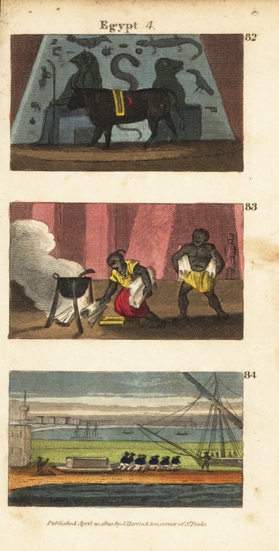 Ancienne idole égyptienne Osiris en tant que bœuf, Omar le Sarrazin brûlant la bibliothèque de Ptolémée Soter en 642 et troupes de Napoléon emportant la tombe d