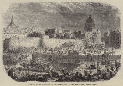 Murs anciens découverts par les démolisseurs de la place Saint Michel, Paris (gravure) - English School