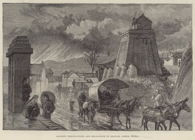 Ancienne tour de guet et borne milliaire dans le Shan-si, nord de la Chine (gravure) - English School