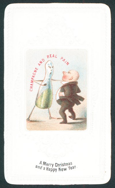 Bouteille de champagne en colère frappant un homme, Carte de Noël - English School