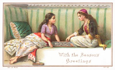 Dames arabes jouant à un jeu de société, Carte de Noël - English School