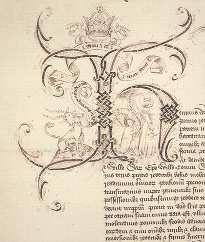 Archive 11980: Initiale décorée H de la charte royale enregistrant la concession par le roi Henri VI au New College Oxford des domaines de Newton Longville - English School