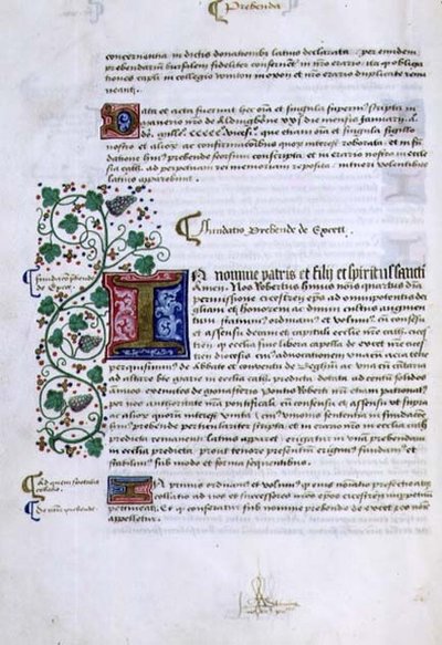Page de texte avec initiale illuminée, du Livre des Fondations de Robert Sherborne ou Shirburn (c.1450-1536) Évêque de Chichester - English School