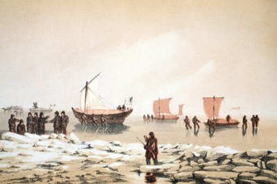 Voyage Arctique, illustration de Voyage à la Baie de Baffin et aux Détroits de Barrow..., 1852 (gravure en couleurs) - English School