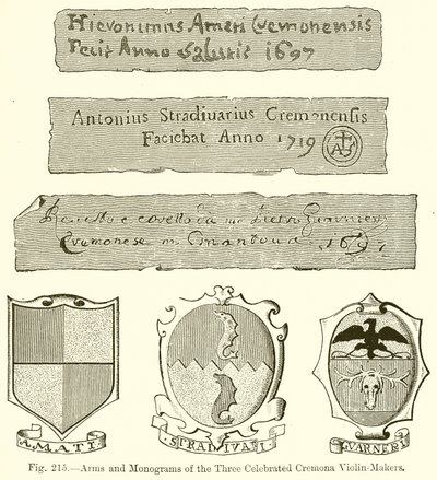 Armoiries et monogrammes des trois célèbres luthiers de Crémone - English School
