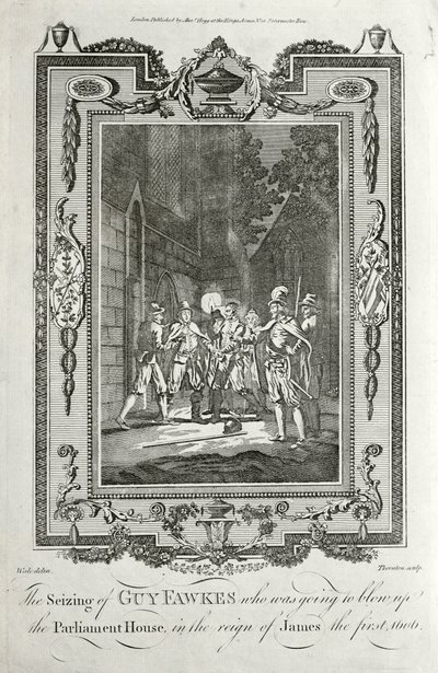 Arrestation de Guy Fawkes pour tentative de faire exploser les Chambres du Parlement dans le Complot des Poudres, 5 novembre 1605 - English School