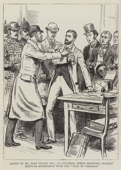 Arrestation de M. John Dillon, MP, à Loughrea, lors de la réception des loyers des locataires conformément au "Plan de campagne" (gravure) - English School