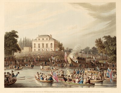 Arrivée à Brandenburg House des Watermen, etc. avec une adresse à la reine le 3 octobre 1820, pub. 1821 (gravure colorée) - English School