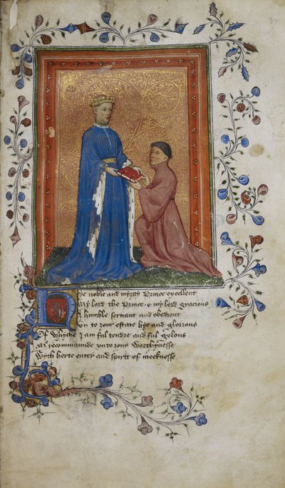 Arundel 38, f.37 Thomas Hoccleve présente un livre au prince Henri de Lancaster, illustration de 