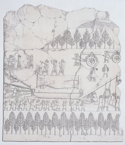 Assyriens déplaçant un taureau ailé sur un traîneau, de Ninive et ses restes par Austen Henry Layard (1817-94) publié en 1849 - English School
