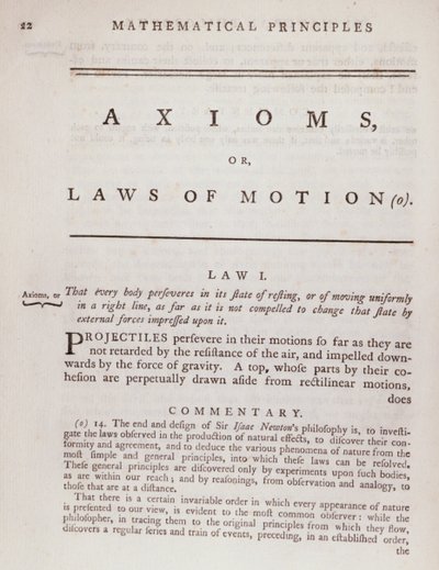 Axiomes, ou Lois du Mouvement, du Volume I des Principes mathématiques de la philosophie naturelle par Sir Isaac Newton (1642-1727) 1777 - English School