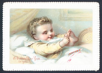 Bébé au lit jouant avec ses orteils, carte de Nouvel An - English School