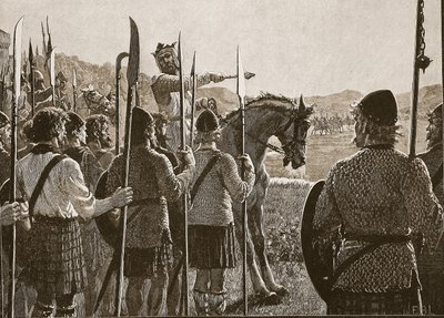 Bannockburn : Bruce passant en revue ses troupes avant la bataille, illustration de Cassells Illustrated History of England - English School