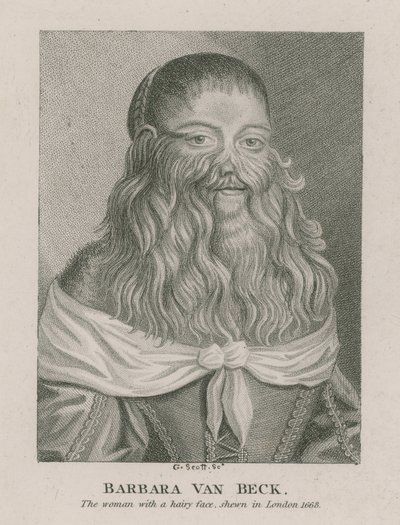Barbara Van Beck, la femme au visage poilu, montrée à Londres, 1668 - English School