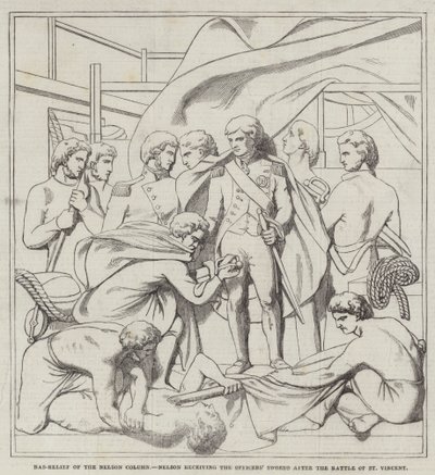 Bas-relief de la colonne Nelson, Nelson recevant les épées des officiers après la bataille de Saint-Vincent (gravure) - English School