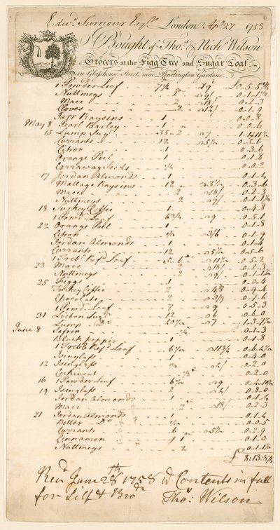 Facture pour des marchandises achetées chez Thomas & Nicholas Wilson, épiciers - English School