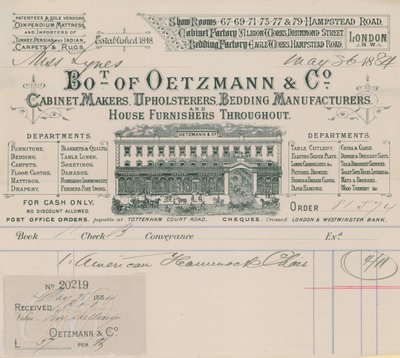 Facture de Oetzmann & Co, fabricants de meubles, tapissiers, fabricants de literie et fournisseurs de maison - English School