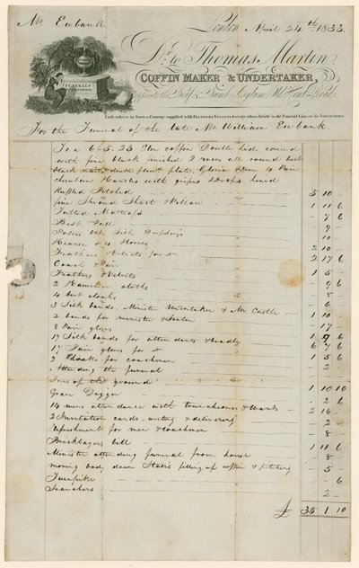 Facture de Thomas Martin, fabricant de cercueils et entrepreneur de pompes funèbres, pour les funérailles de M. William Eubank - English School
