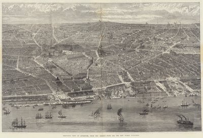 Vue aérienne de Liverpool, depuis la Mersey, avec tous les nouveaux bâtiments publics - English School