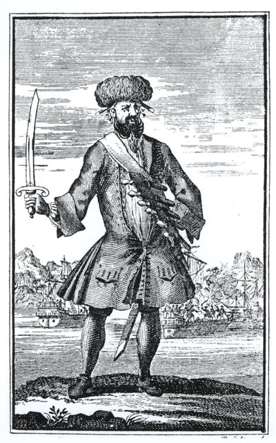 Barbe Noire le Pirate, extrait de A General History of the Robberies and Murders of the most Notorious Pyrates par le Capitaine Charles Johnson, publié en 1724 - English School