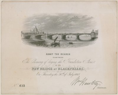 Pont de Blackfriars. Invitation à la cérémonie de pose de la première pierre, 20 juillet 1865 - English School