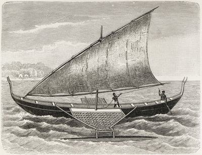 Bateau des îles Mortlock, avec balancier et voile en nattes de jonc, de 