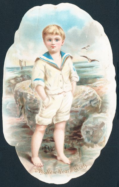Garçon pataugeant dans la mer, Carte de Nouvel An - English School