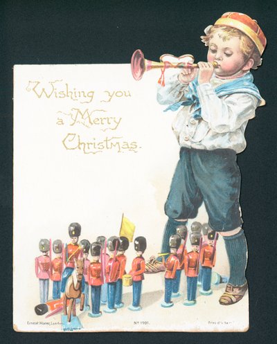Garçon jouant avec des soldats de plomb et soufflant dans une trompette, carte de Noël - English School