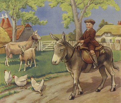 Garçon montant un âne dans la campagne anglaise - English School