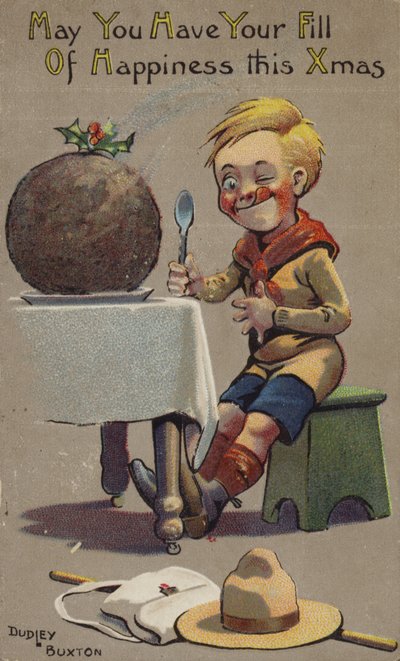 Scout sur le point de déguster un pudding de Noël - English School
