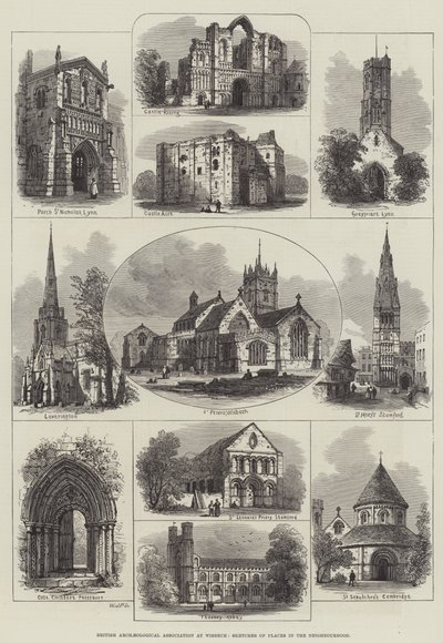 Association archéologique britannique à Wisbech, croquis de lieux dans les environs (gravure) - English School