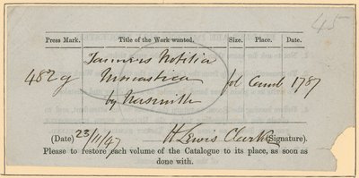 British Museum, Bon de Commande de Livre, 23 Novembre [18?]47 - English School
