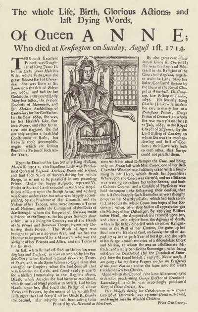 Broadsheet publié à la mort de la reine Anne - English School