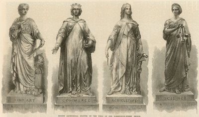 Statues allégoriques en bronze sur les piles du Farringdon Street Bridge (gravure) - English School