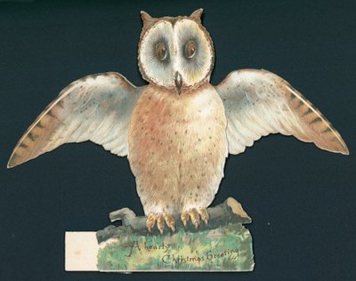 Chouette brune avec ailes ouvertes, carte de Noël - English School