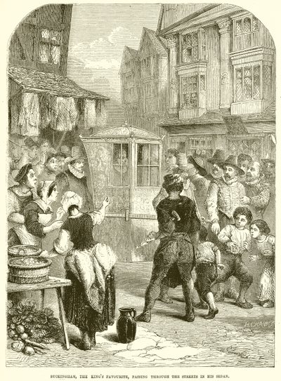Buckingham, le favori du roi, passant dans les rues dans sa chaise à porteurs - English School
