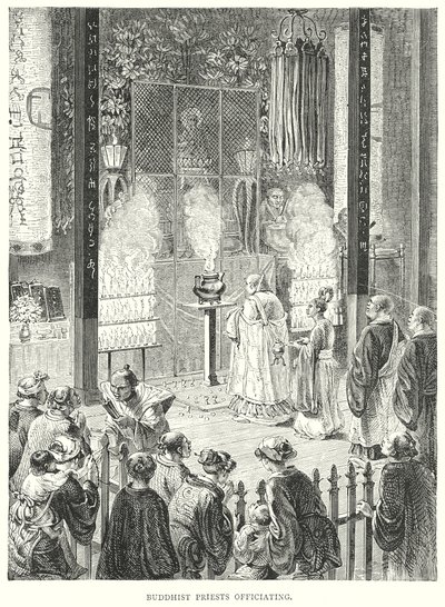 Prêtres bouddhistes officiant (gravure) - English School